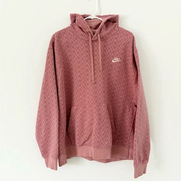 Nike Sportswear Logo Patterned Club Fleece Pullover Hoodie Red Stardust Size XL - Picture 5 of 10